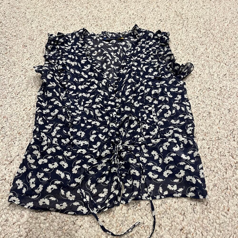 Polo Ralph Lauren Sleeveless Floral Blouse Sz 12 Navy Cream Cottage Preppy